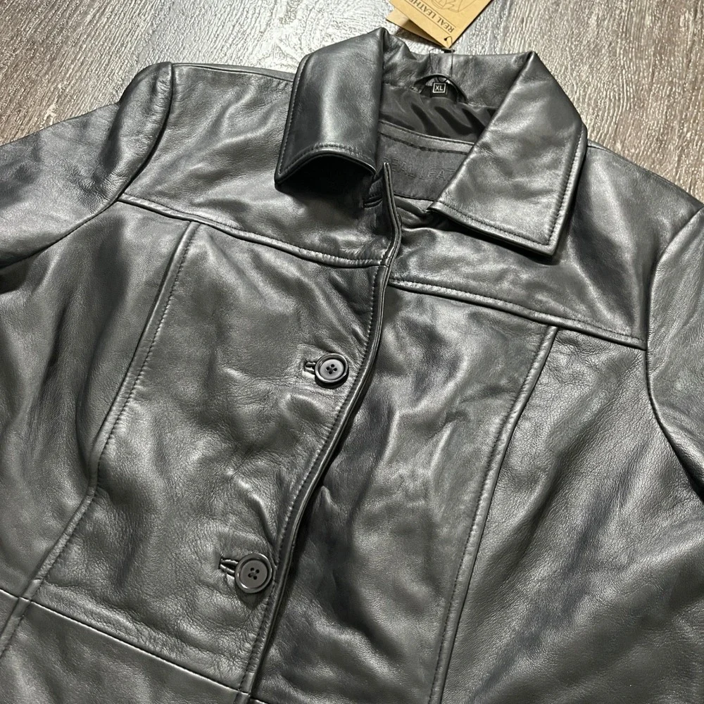 Kandis‎ Woman Coat Black Real Leather Jacket Button Front Lined XL